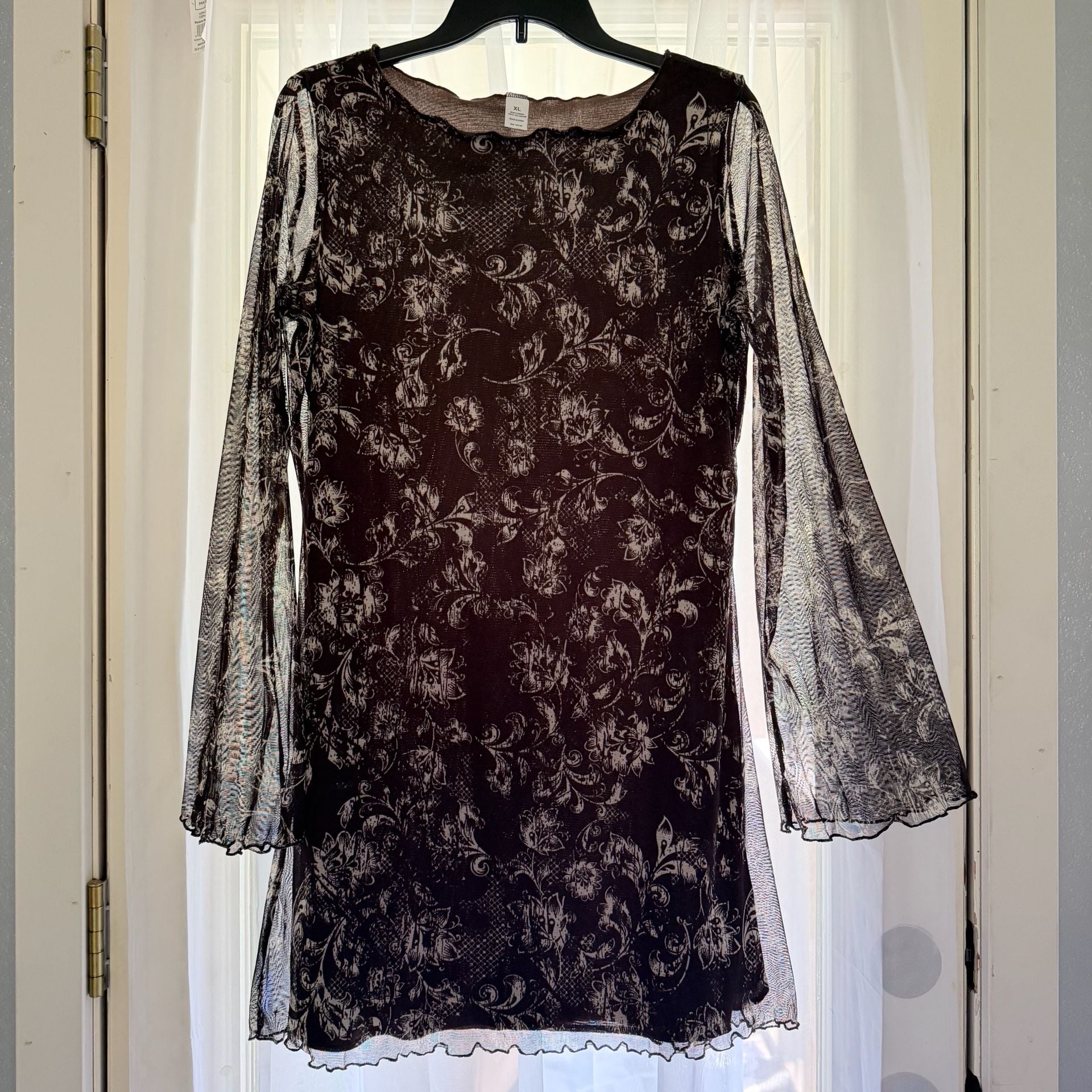 Floral Print Mesh Long Sleeve Mini Dress with Lettuce Edge 2