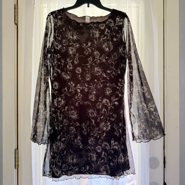 Floral Print Mesh Long Sleeve Mini Dress with Lettuce Edge