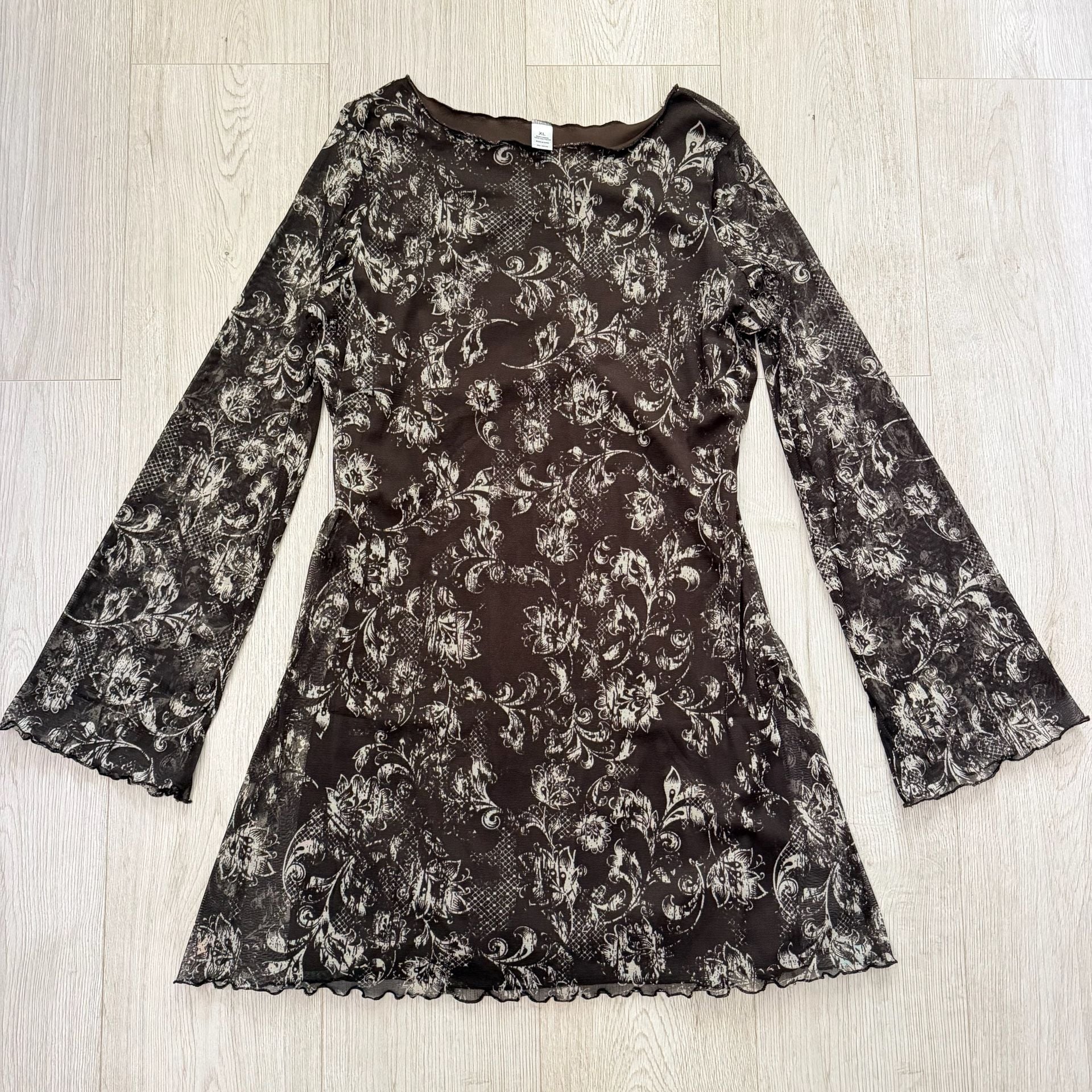 Floral Print Mesh Long Sleeve Mini Dress with Lettuce Edge 3