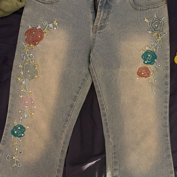Joana Design Y2K Floral Embroidered Studded Light Wash Denim Jeans