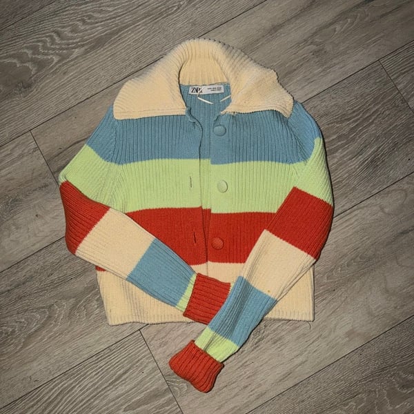 Zara Multicolor Striped Rib-Knit Collared Button-Up Cardigan