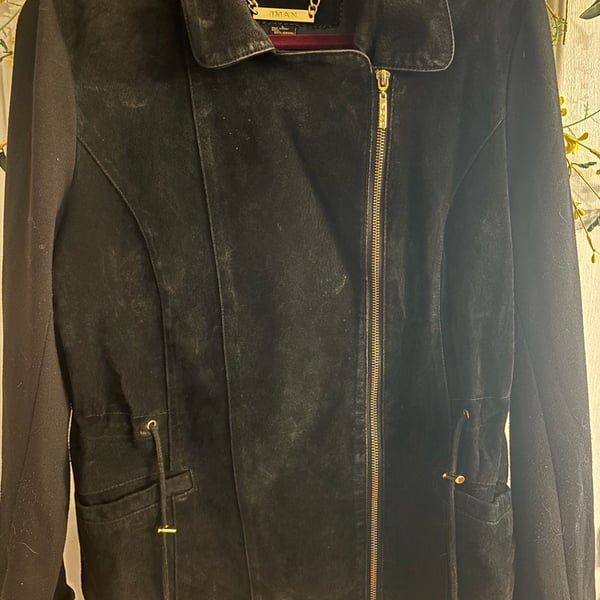IMAN Global Chic Women's Black Suede Leather Asymmetrical Moto Jacket