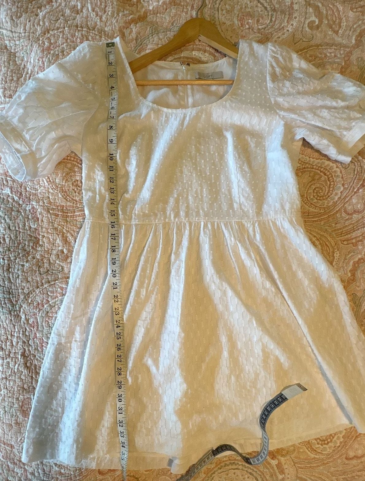 NWOT LOFT White Dobby U-Neck Puff Sleeve knee length Dress, size 14 7