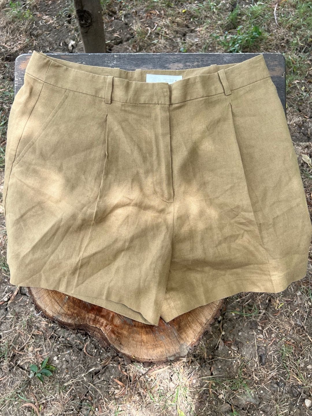 Zara Women's Tan Pleated Linen Blend Tailored Shorts 5