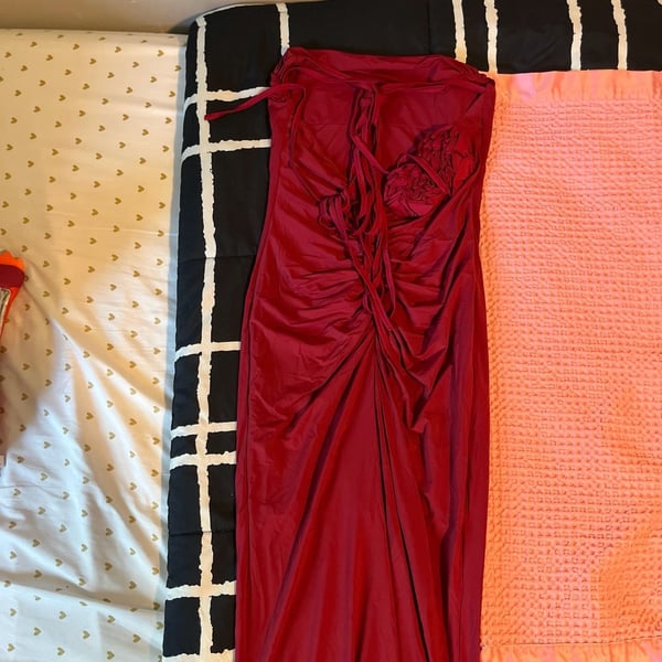 Red Bodycon Maxi Dress with Crisscross Lace-Up Back and Ruched Detail