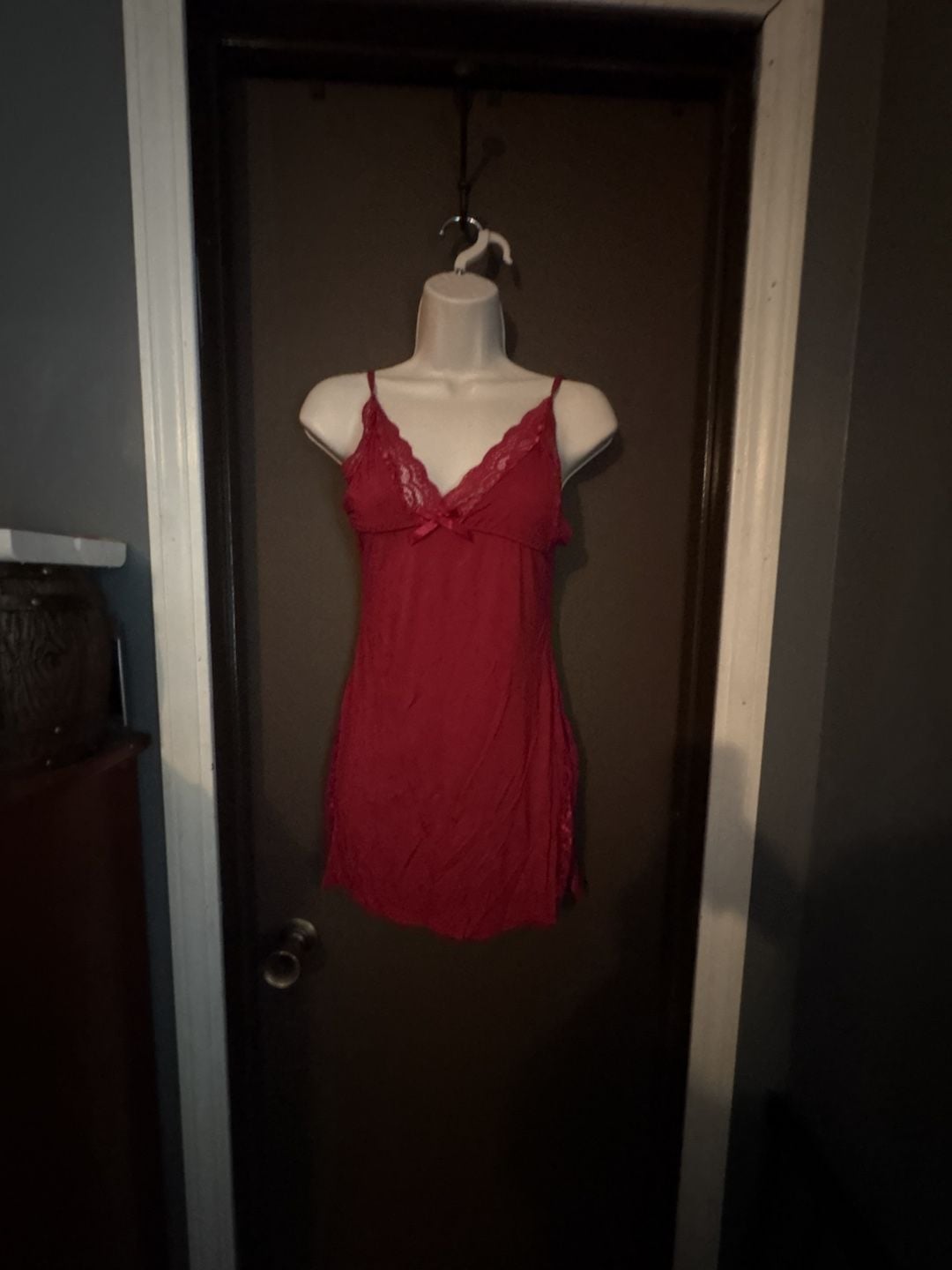 Eirece Women's Red Lace Trim V-Neck Spaghetti Strap Babydoll Sleep Chemise 1