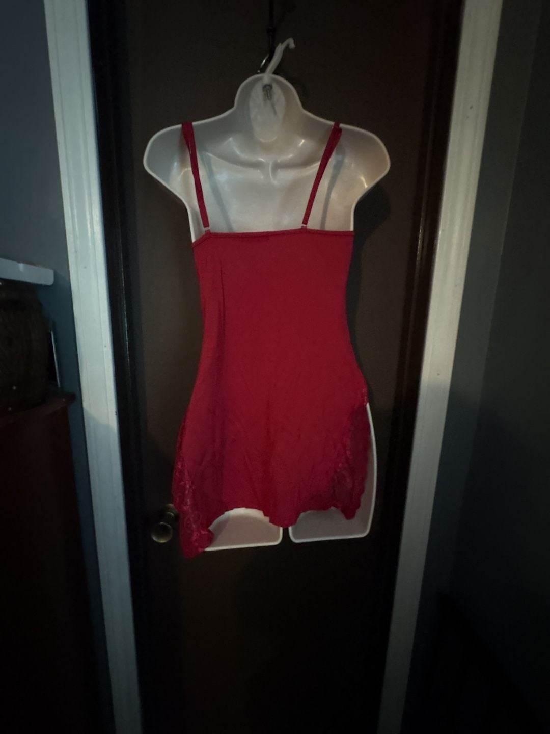 Eirece Women's Red Lace Trim V-Neck Spaghetti Strap Babydoll Sleep Chemise 2