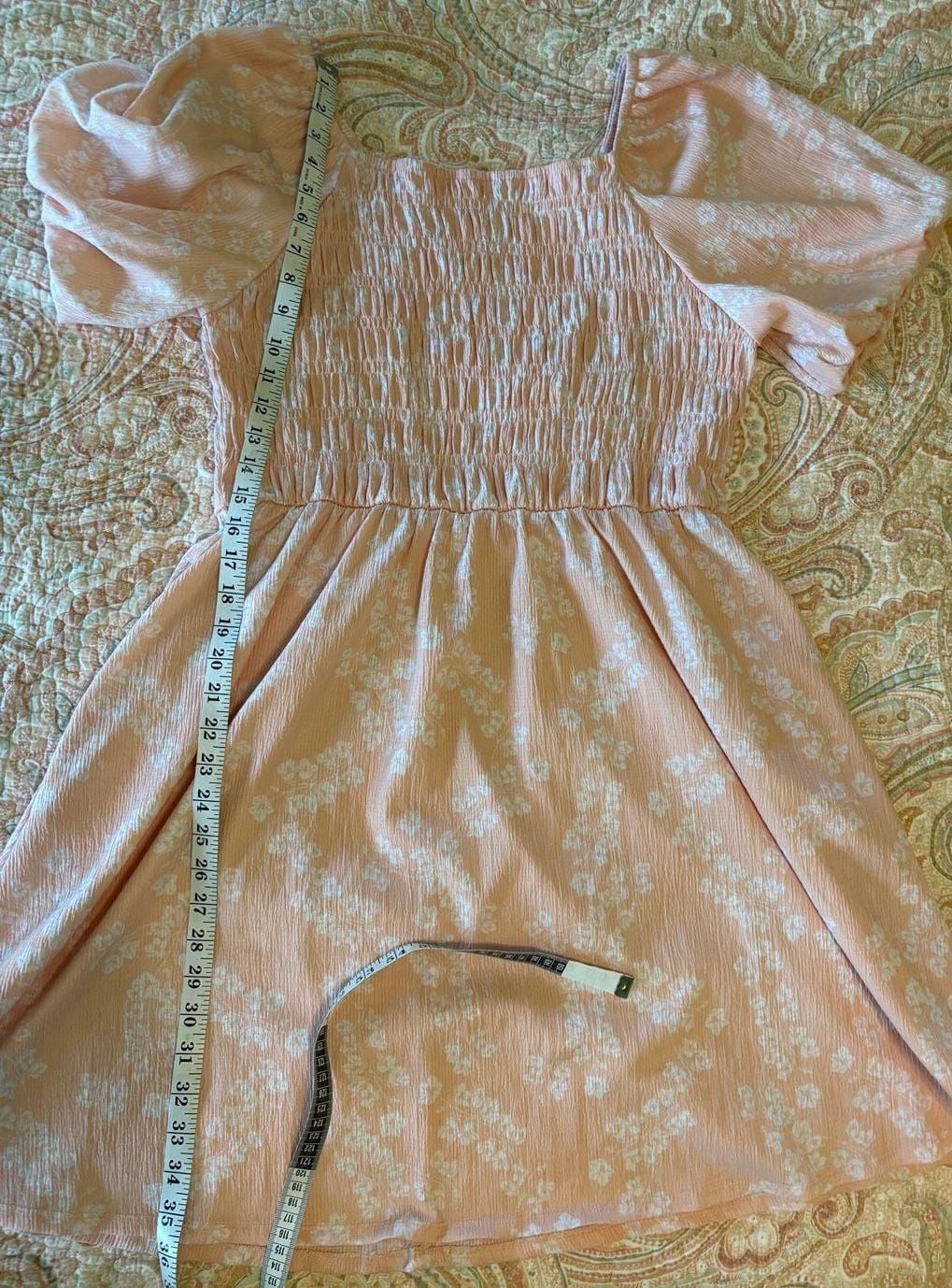 EUC LuLaRoe Alina Smocked Puff Sleeve Midi Dress in Peach Floral Print, large 10