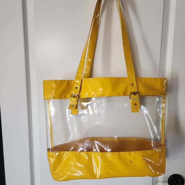 Clear PVC Stadium Tote Bag with Yellow Faux Leather Trim and Buckle Details