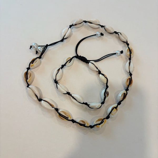 Natural Cowrie Shell Necklace and Anklet Set with Black Cord