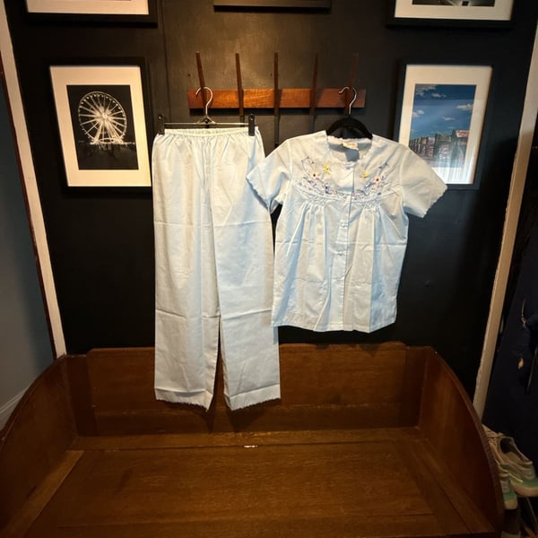 Plum Blossoms Vintage Baby Blue Embroidered Two-Piece Pajama Set