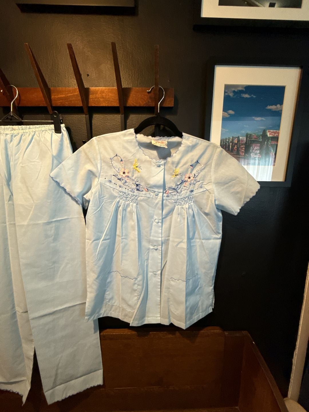 Plum Blossoms Vintage Baby Blue Embroidered Two-Piece Pajama Set 2