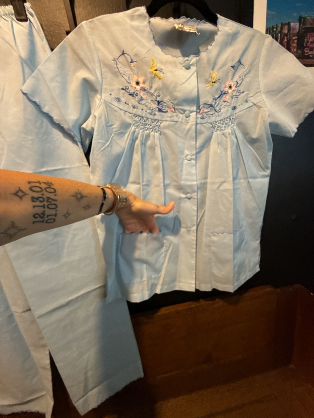Plum Blossoms Vintage Baby Blue Embroidered Two-Piece Pajama Set 5
