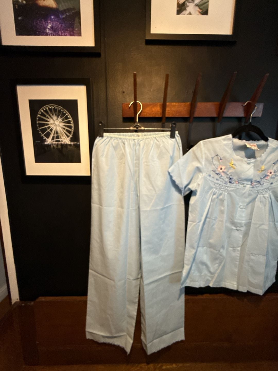 Plum Blossoms Vintage Baby Blue Embroidered Two-Piece Pajama Set 6