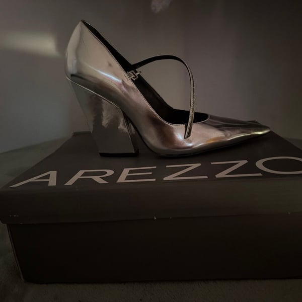 Arezzo Naomi High Block Heel Mary Jane Pumps in Metallic Silver