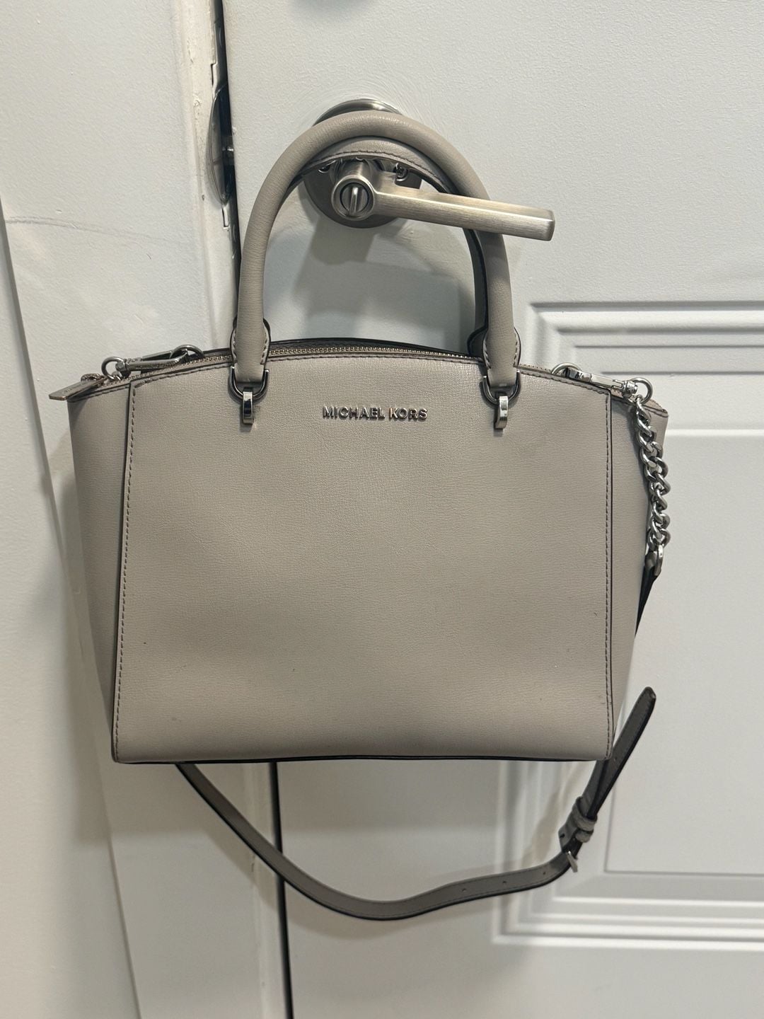 Michael Kors Large Leather Satchel Crossbody Bag Light Gray Silver Hardware 2