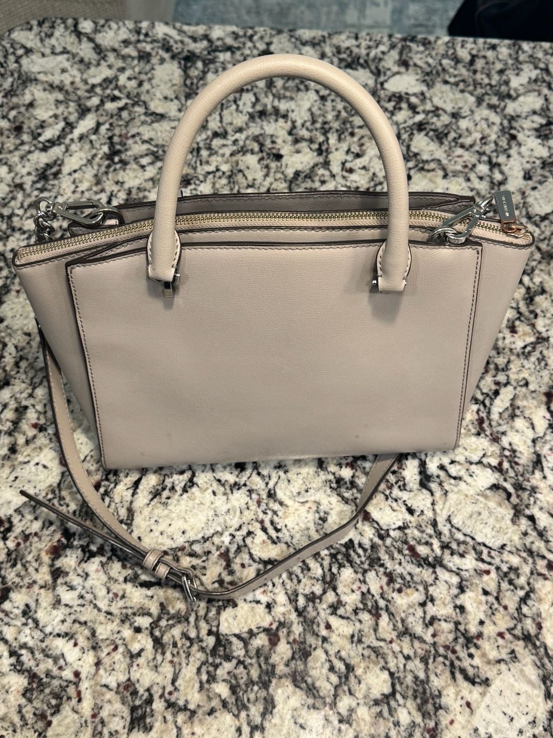 Michael Kors Large Leather Satchel Crossbody Bag Light Gray Silver Hardware 3