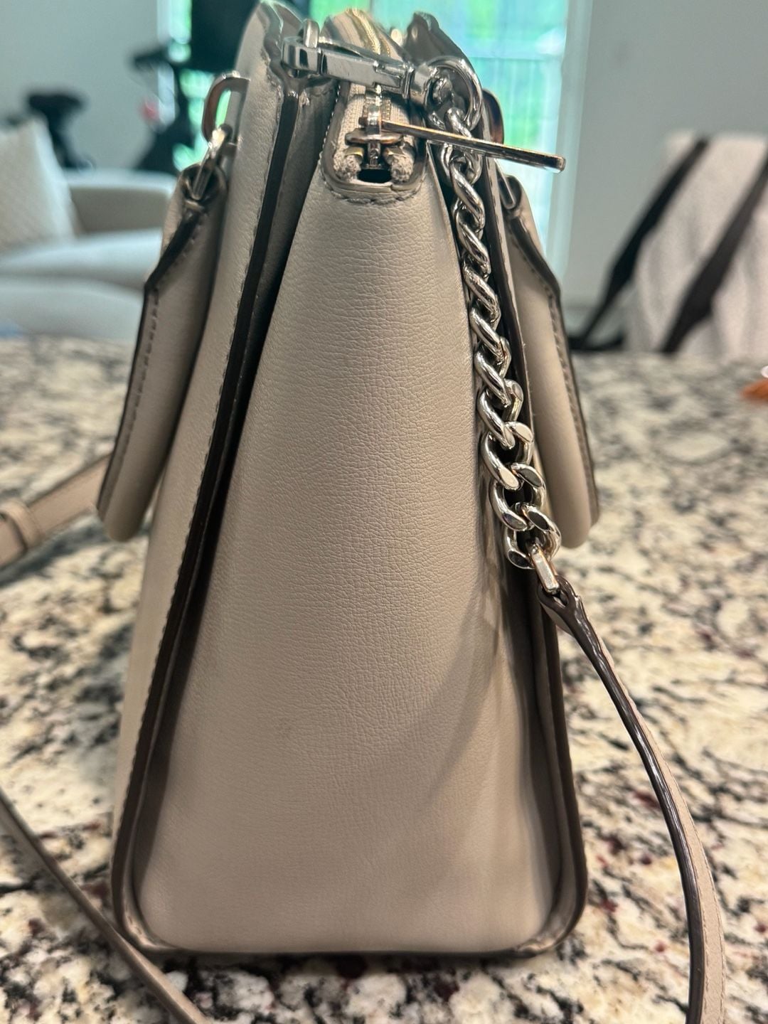 Michael Kors Large Leather Satchel Crossbody Bag Light Gray Silver Hardware 4
