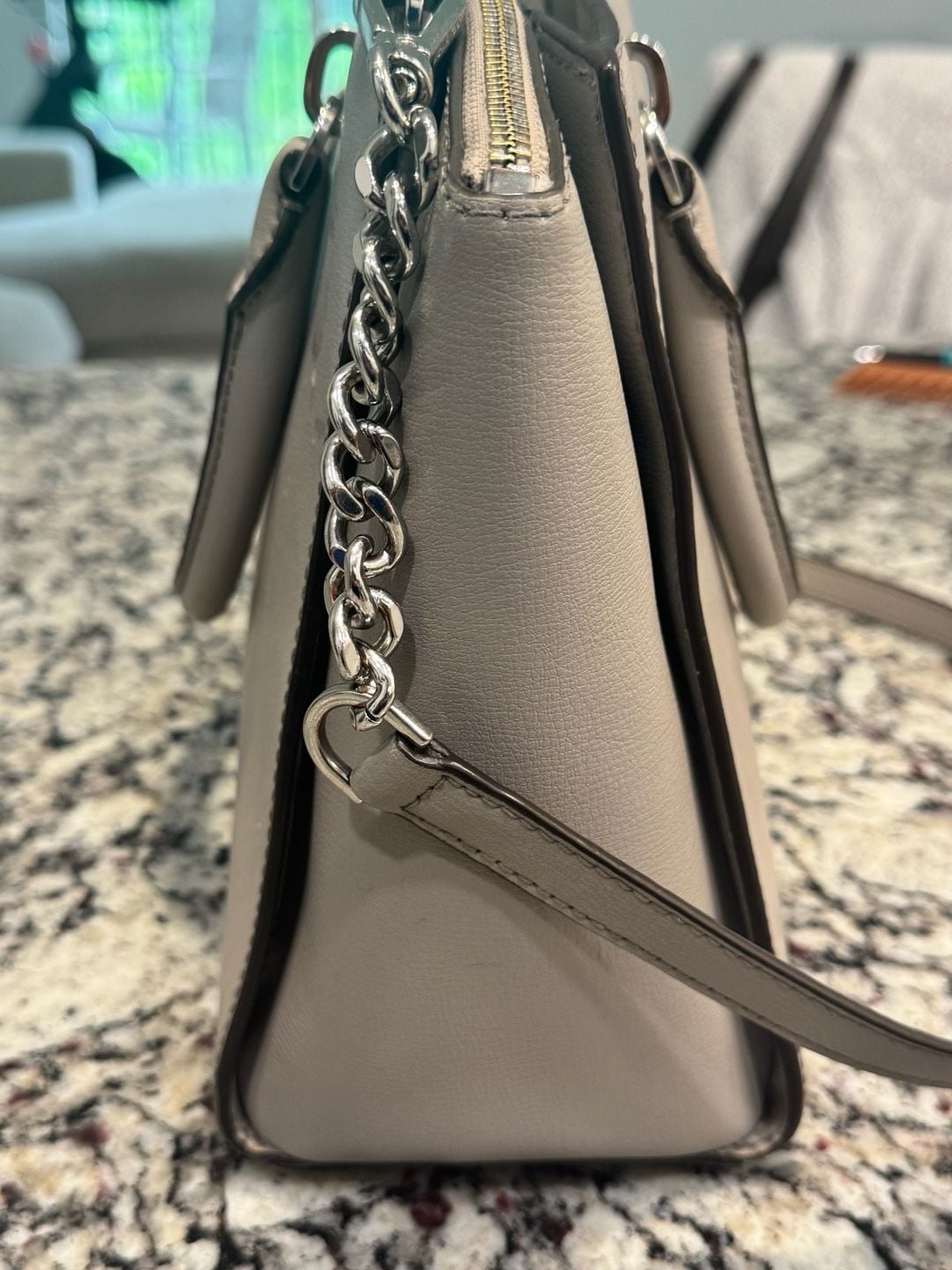 Michael Kors Large Leather Satchel Crossbody Bag Light Gray Silver Hardware 5