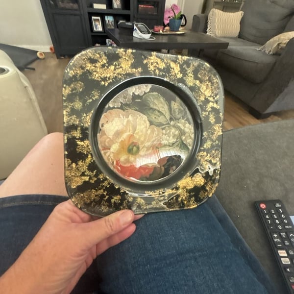 Vintage Lesley Roy Designs Signed Hand-Painted Reverse Glass Floral Plate with Gold Leaf Accent