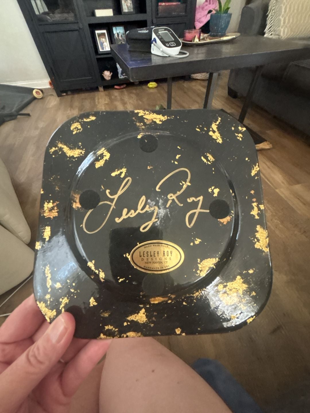 Vintage Lesley Roy Designs Signed Hand-Painted Reverse Glass Floral Plate with Gold Leaf Accent 2