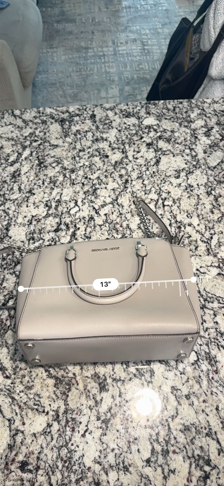 Michael Kors Large Leather Satchel Crossbody Bag Light Gray Silver Hardware 11