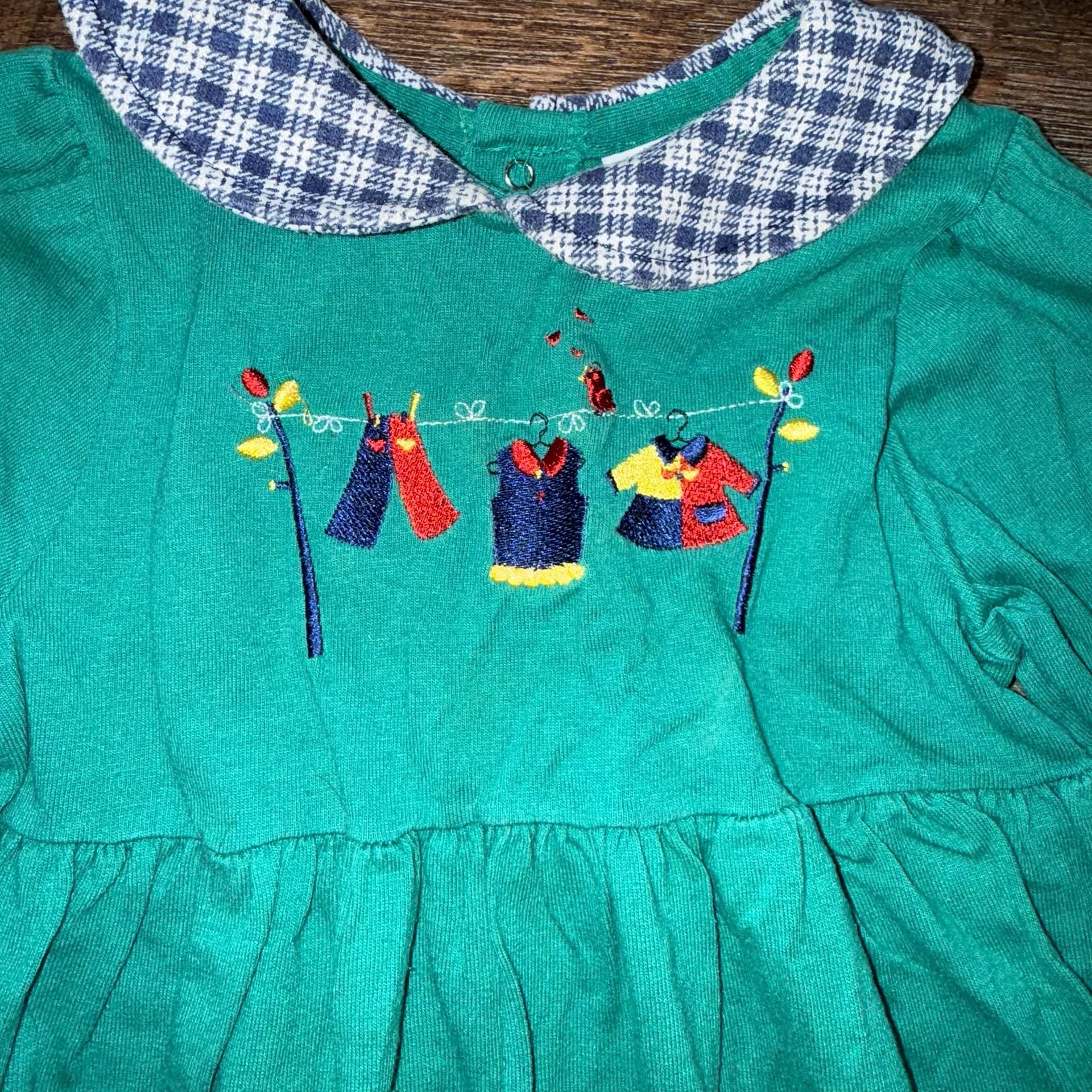 Vintage KaBoom! Toddler Girl Green Long Sleeve Dress with Clothesline Embroidery Size 4 5