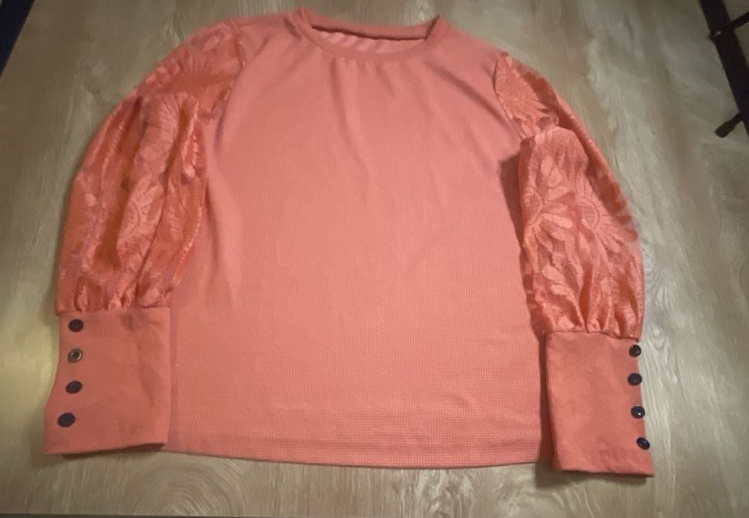Women's Orange Waffle Knit Top with Floral Lace Bishop Sleeves 2
