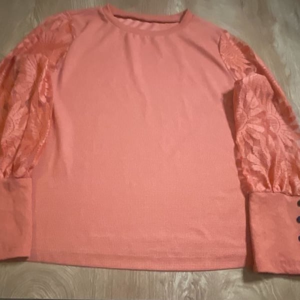  Women's Orange Waffle Knit Top with Floral Lace Bishop Sleeves