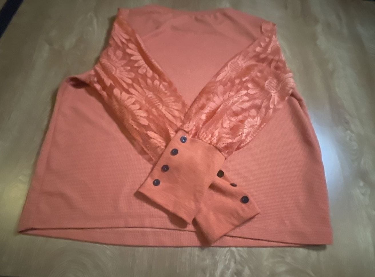 Women's Orange Waffle Knit Top with Floral Lace Bishop Sleeves 3