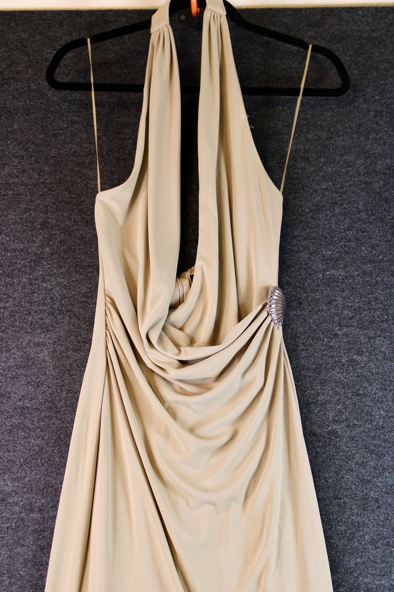 Zara Seashell Halter Cowl Neck Midi Dress in Beige 1