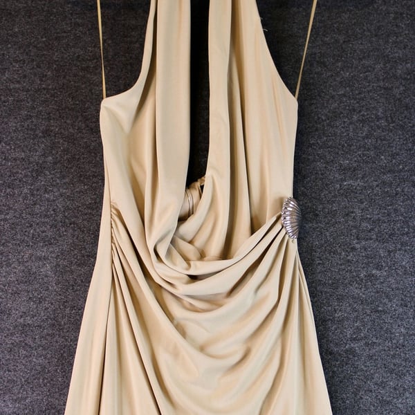 Zara Seashell Halter Cowl Neck Midi Dress in Beige