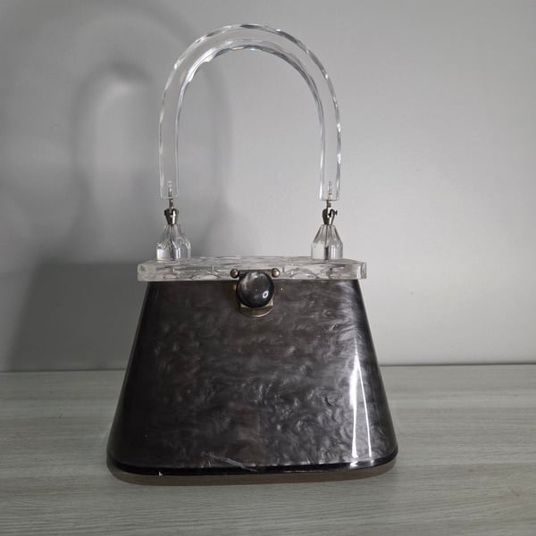 Vintage 1950s Original Rialto N.Y. Lucite Top Handle Box Purse in Grey Marbleized Acrylic