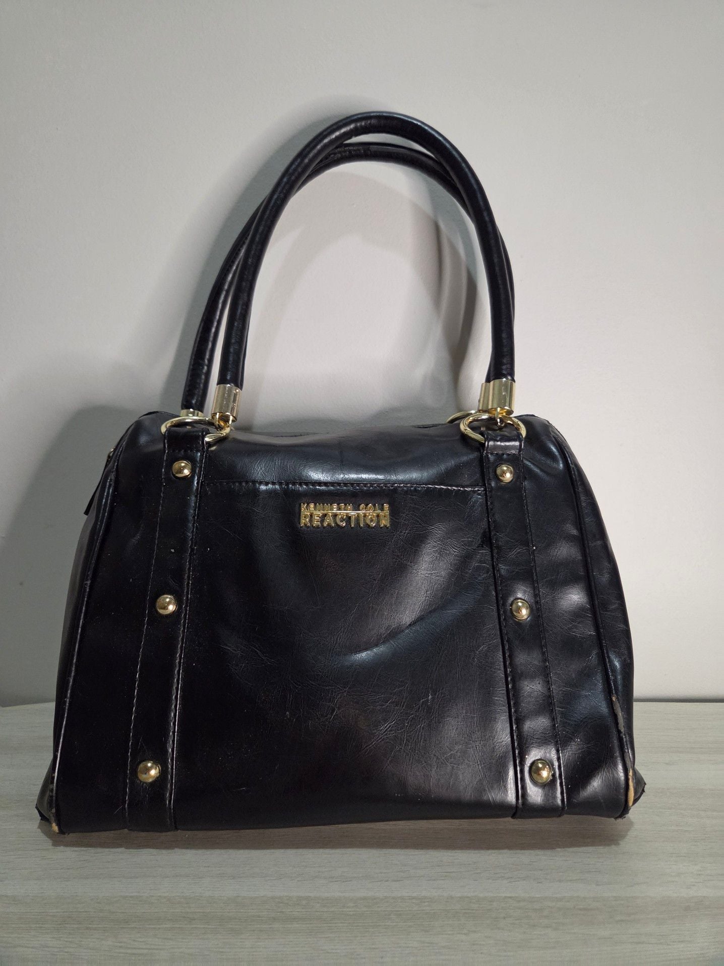 Kenneth Cole Reaction Black Faux Leather Satchel with Gold Tone Studs 2