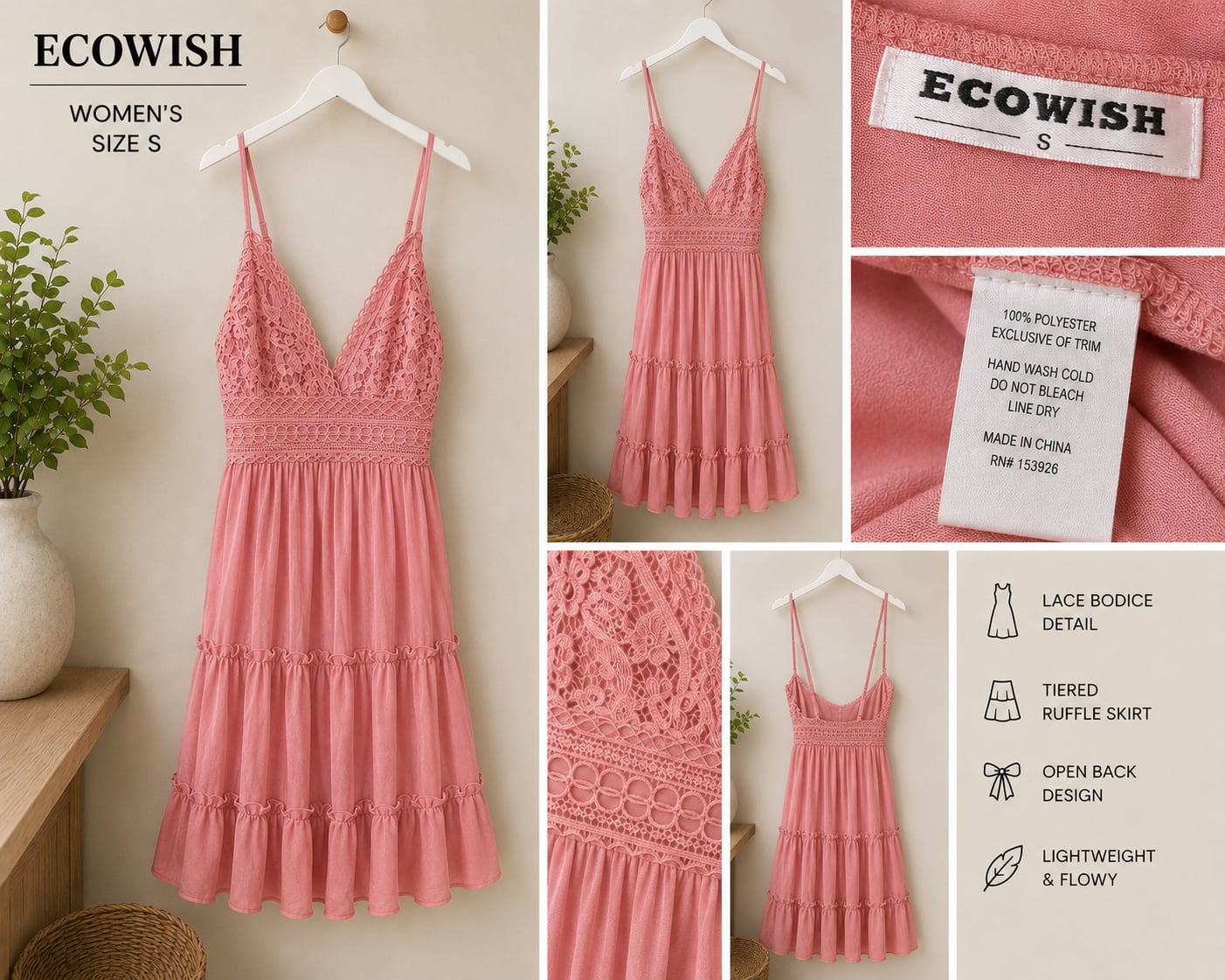 ECOWISH Women's V-Neck Spaghetti Strap Lace Bodice Tiered Ruffle Mini Dress in Pink, Size S 2