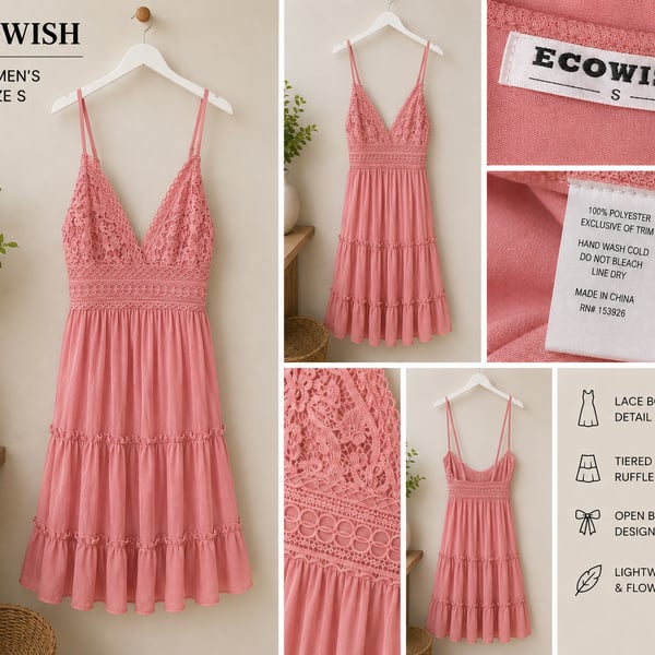 ECOWISH Women's V-Neck Spaghetti Strap Lace Bodice Tiered Ruffle Mini Dress in Pink, Size S