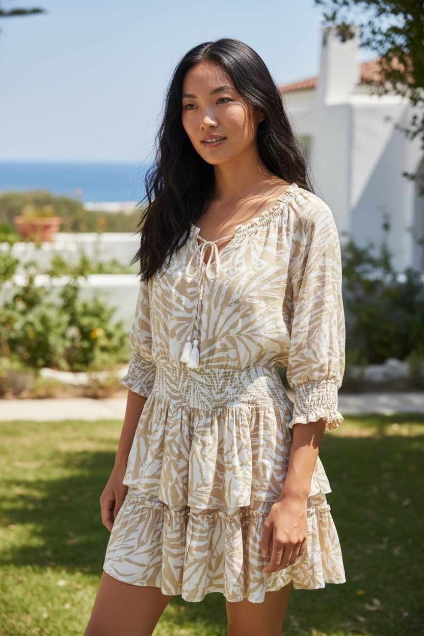 Patrons of Peace Tiered Mini Dress Size L Beige Tropical Print 2
