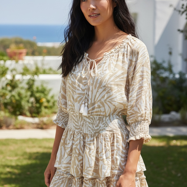 Patrons of Peace Tiered Mini Dress Size L Beige Tropical Print