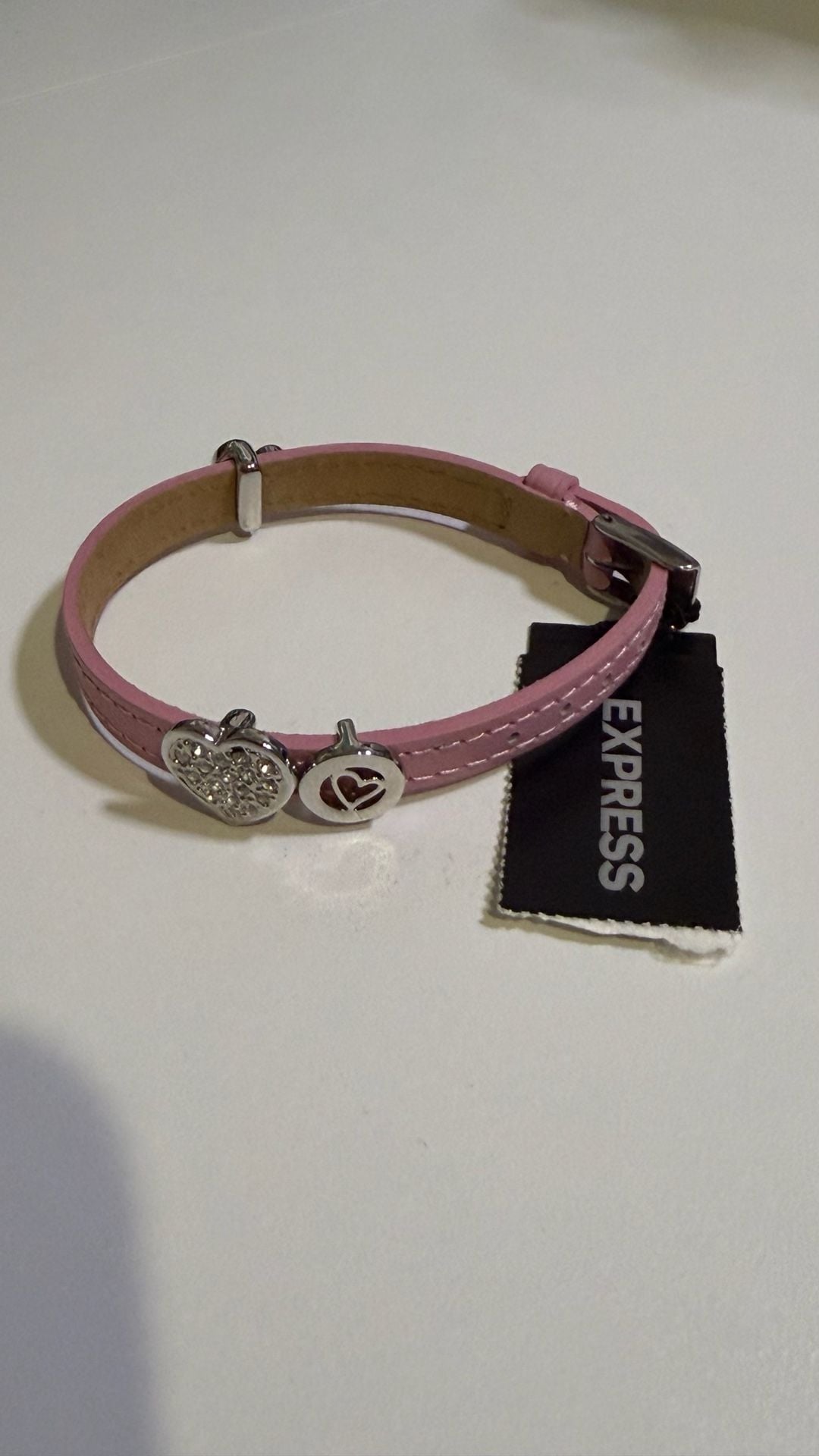 Express Pink Leather Heart Charm Bracelet with Rhinestones 2