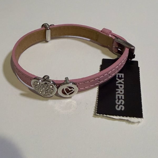 Express Pink Leather Heart Charm Bracelet with Rhinestones
