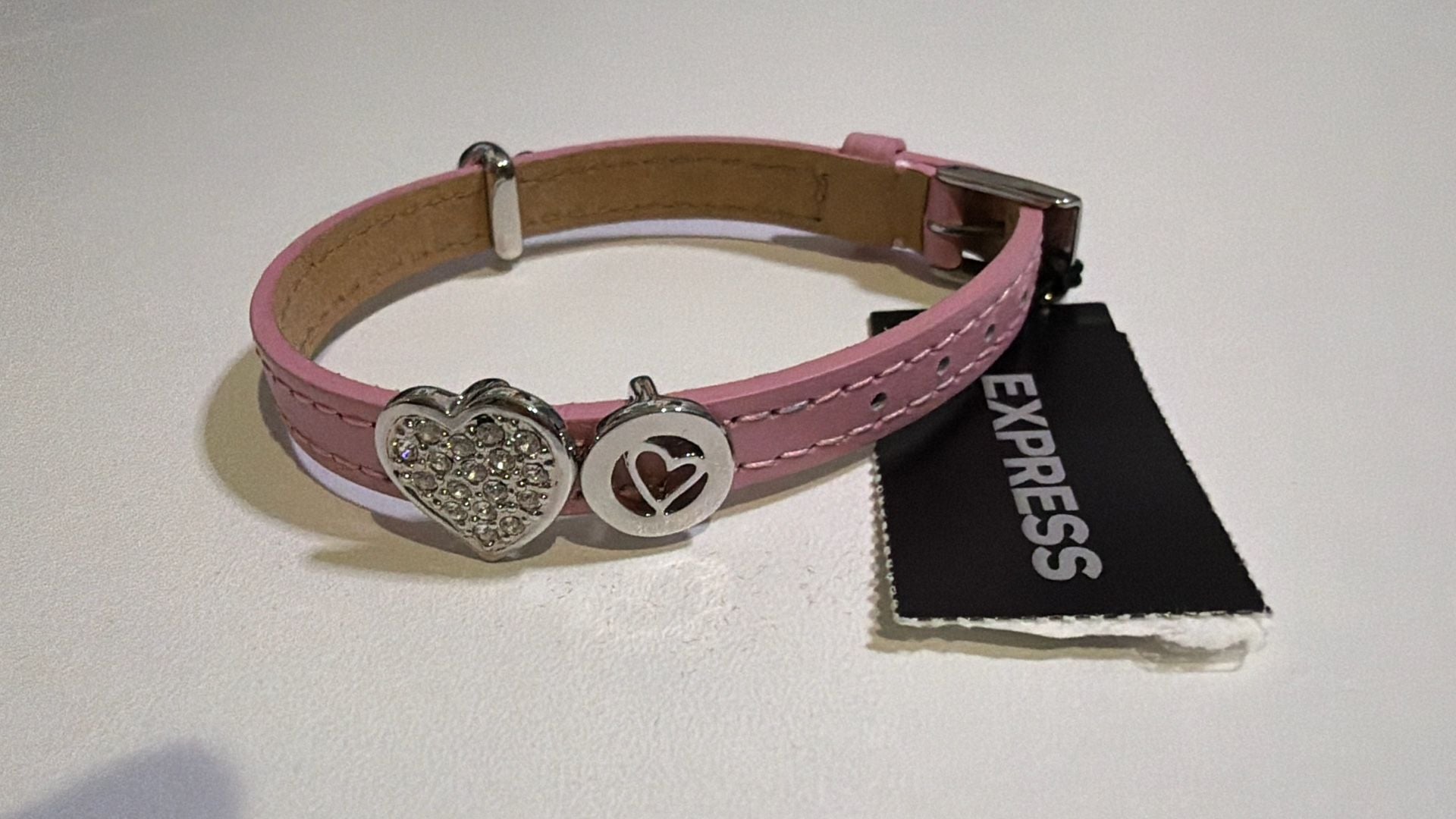 Express Pink Leather Heart Charm Bracelet with Rhinestones 3