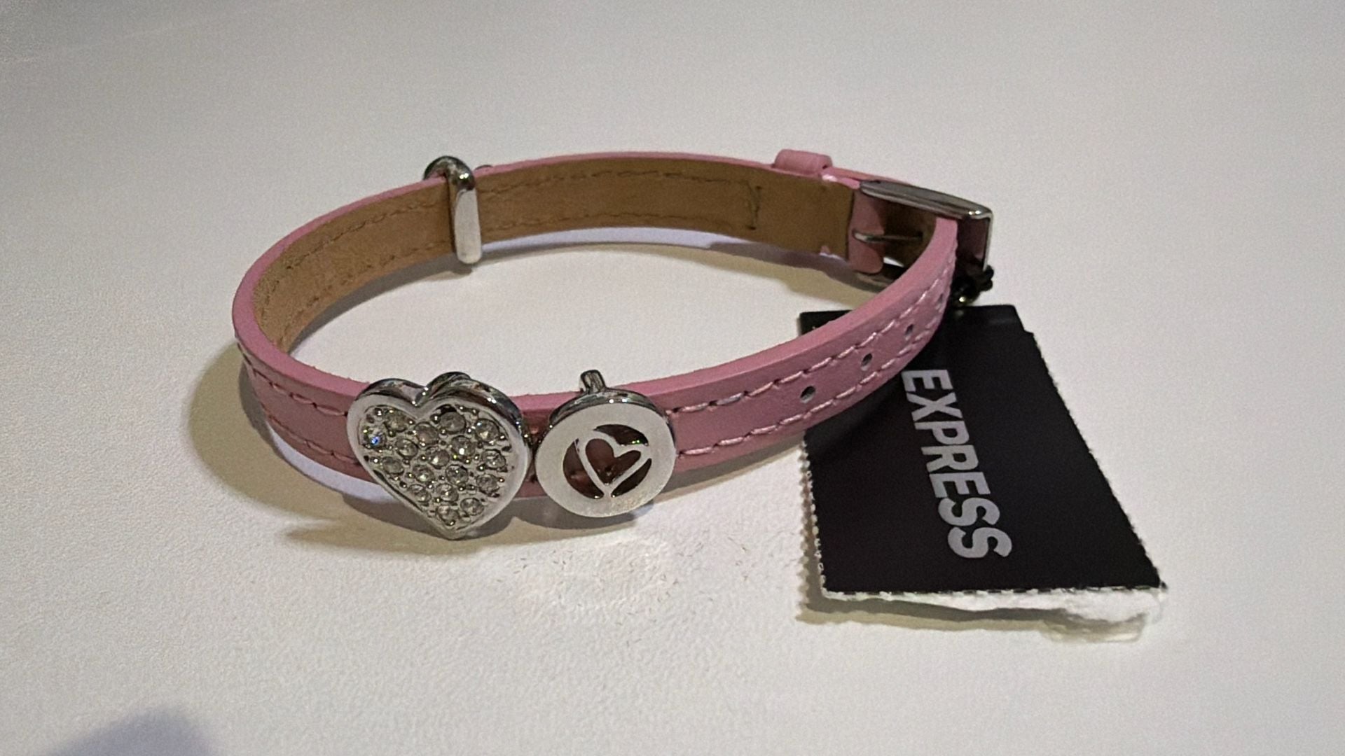 Express Pink Leather Heart Charm Bracelet with Rhinestones 4