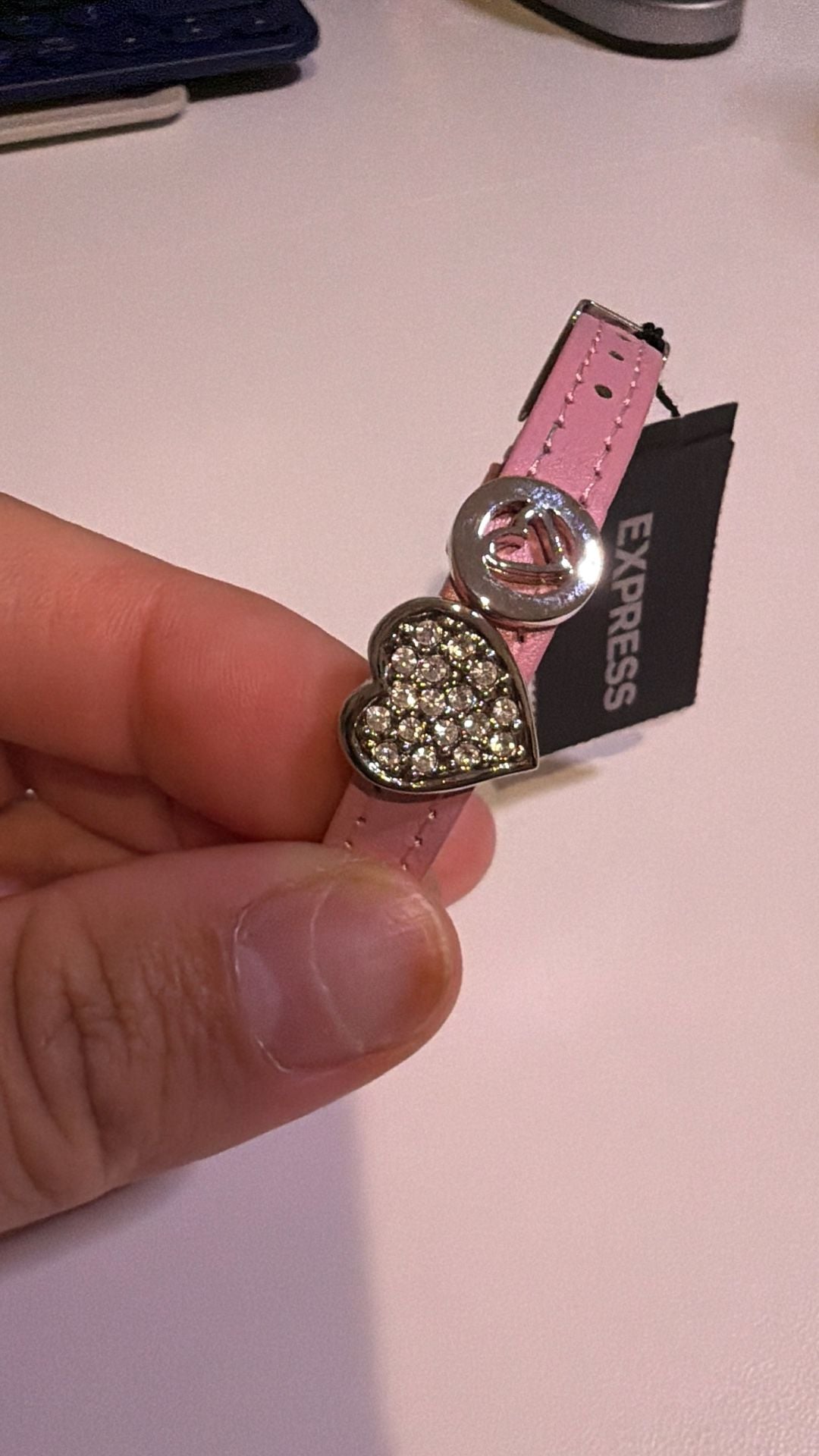 Express Pink Leather Heart Charm Bracelet with Rhinestones 6