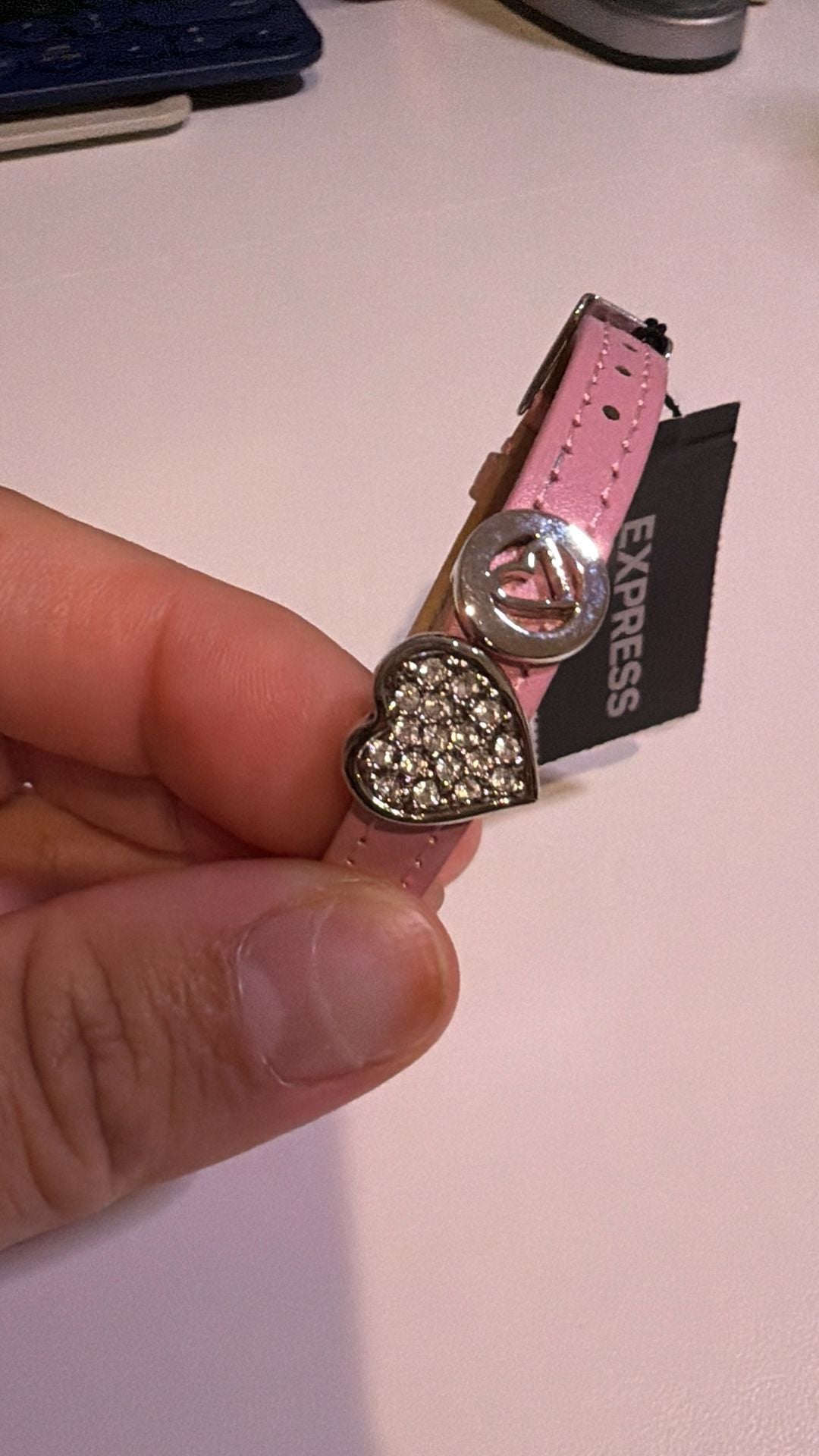 Express Pink Leather Heart Charm Bracelet with Rhinestones 7