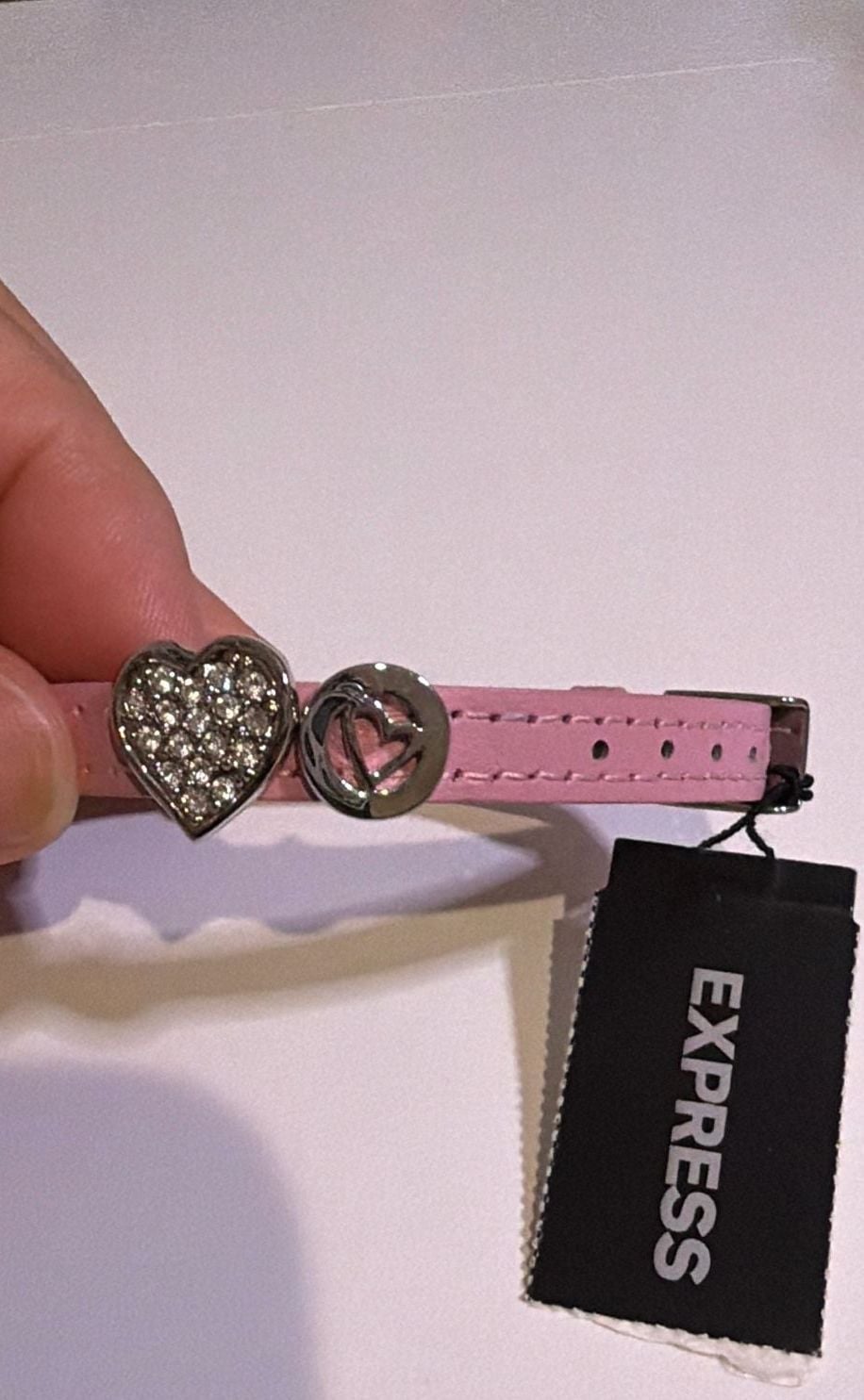 Express Pink Leather Heart Charm Bracelet with Rhinestones 5