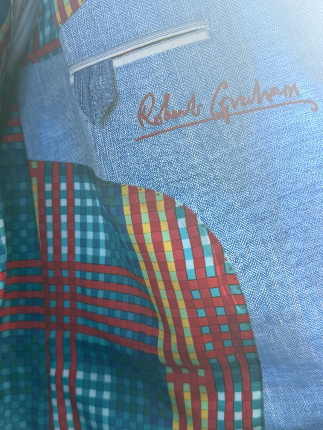 Robert Graham Light Blue Herringbone Sport Coat with Plaid Lining 4