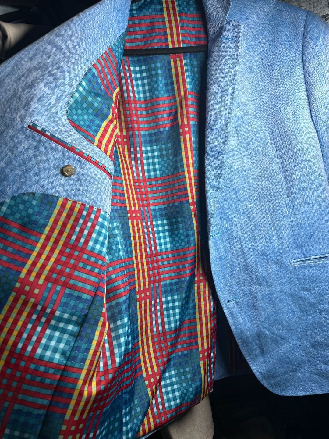Robert Graham Light Blue Herringbone Sport Coat with Plaid Lining 5