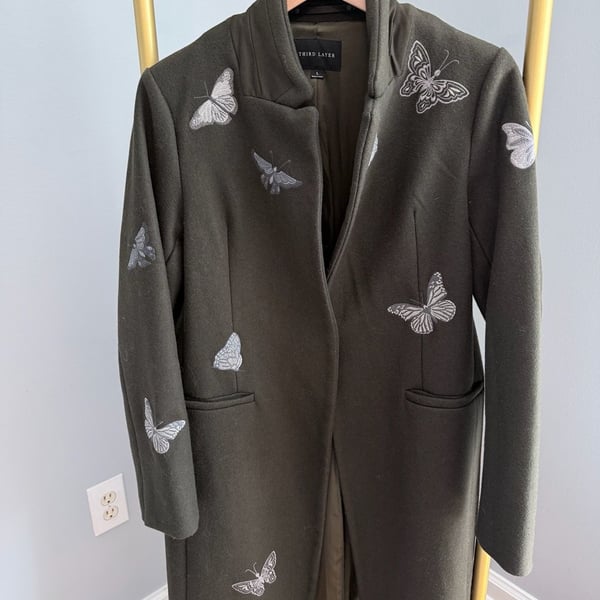 Third Layer Women's Olive Green Butterfly Embroidered Wool-Blend Long Coat