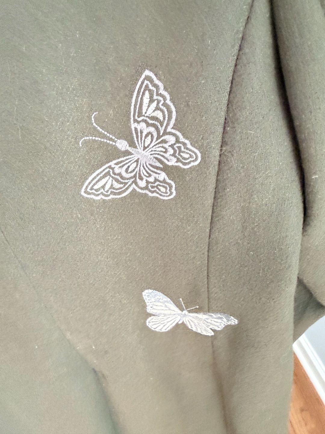 Third Layer Women's Olive Green Butterfly Embroidered Wool-Blend Long Coat 7
