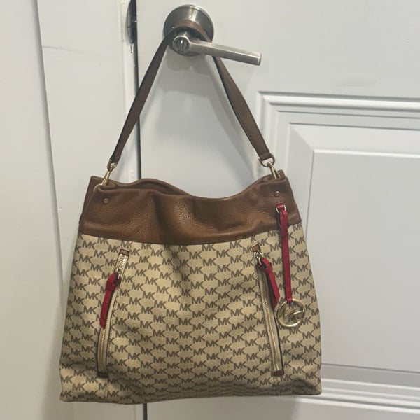 Michael Kors Lex Large Signature Logo Hobo Shoulder Bag Brown Red Leather